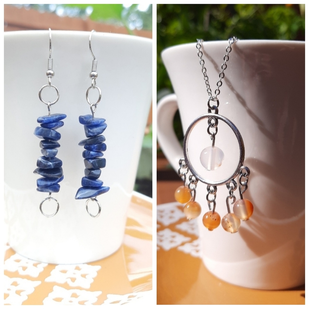 Agate Stone Dangle Necklace & Blue Sodalite Irregular Stone Earrings Bundle